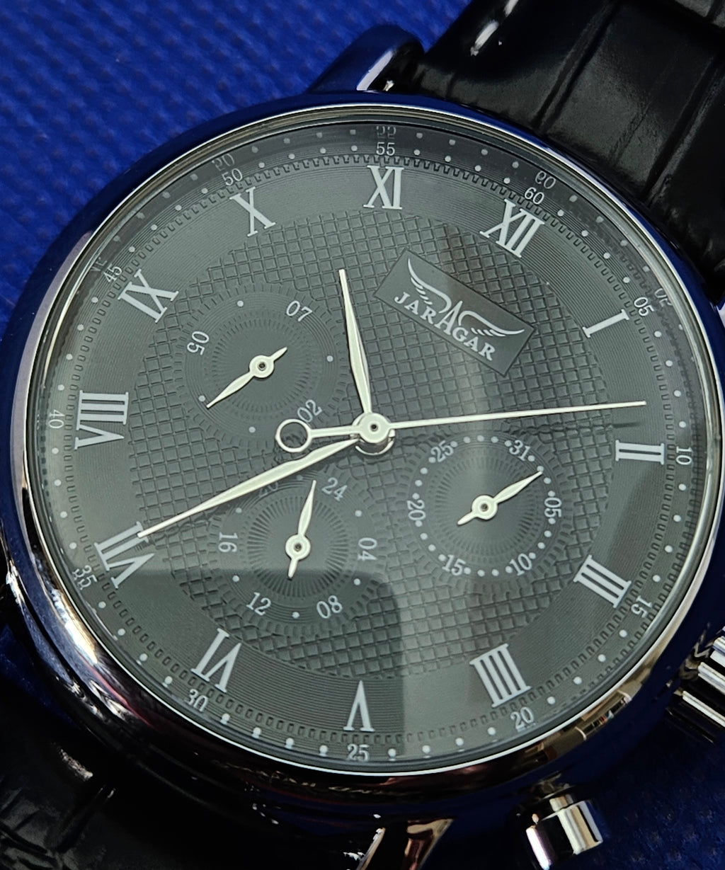 Jaragar Sport Mens Watch Black Dial Roman Numerals New Designer Style Wristwatch