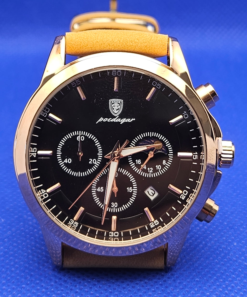 Poedagar Men's Luxury Chronograph Watch | Rose Gold Case & Premium Leather Strap