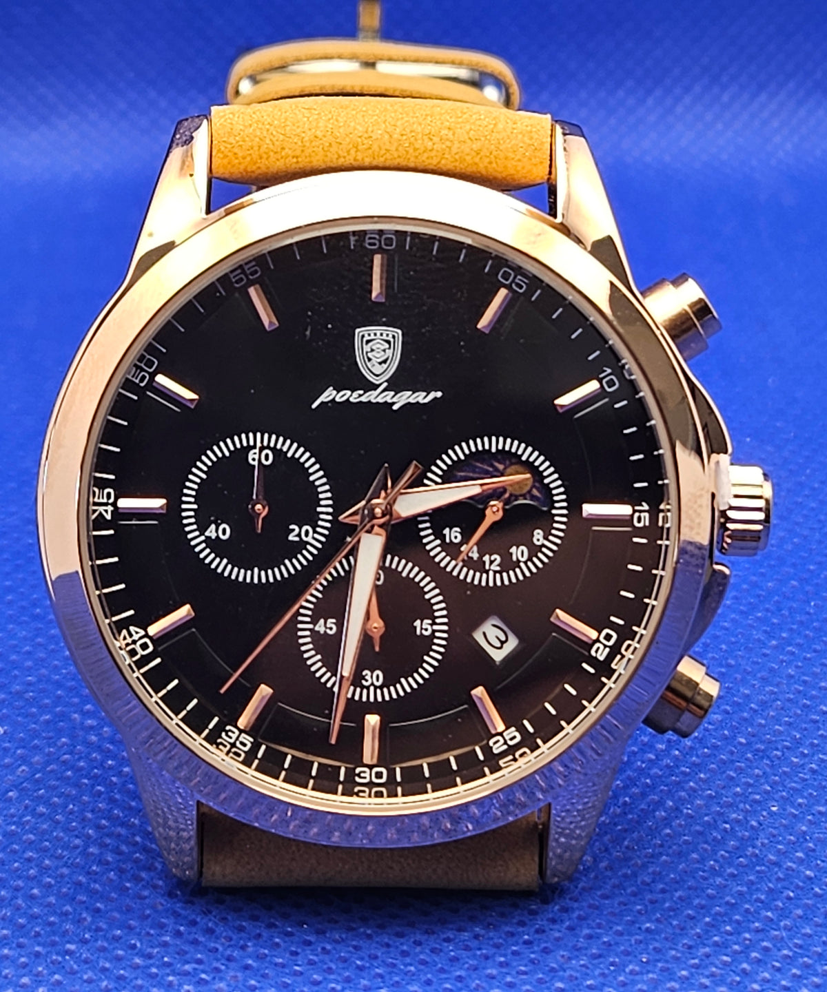 Poedagar Men's Luxury Chronograph Watch | Rose Gold Case & Premium Leather Strap
