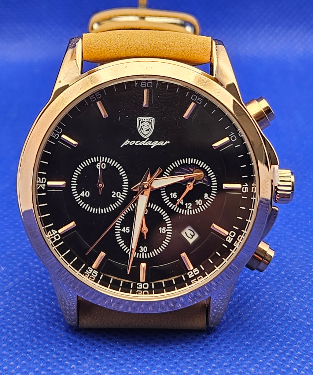 Poedagar Men's Luxury Chronograph Watch | Rose Gold Case & Premium Leather Strap