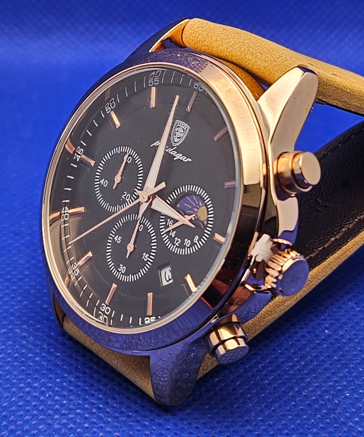Poedagar Men's Luxury Chronograph Watch | Rose Gold Case & Premium Leather Strap