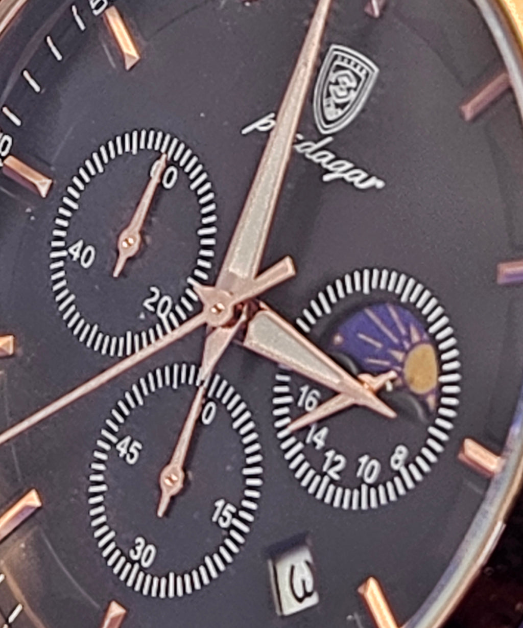 Poedagar Men's Luxury Chronograph Watch | Rose Gold Case & Premium Leather Strap