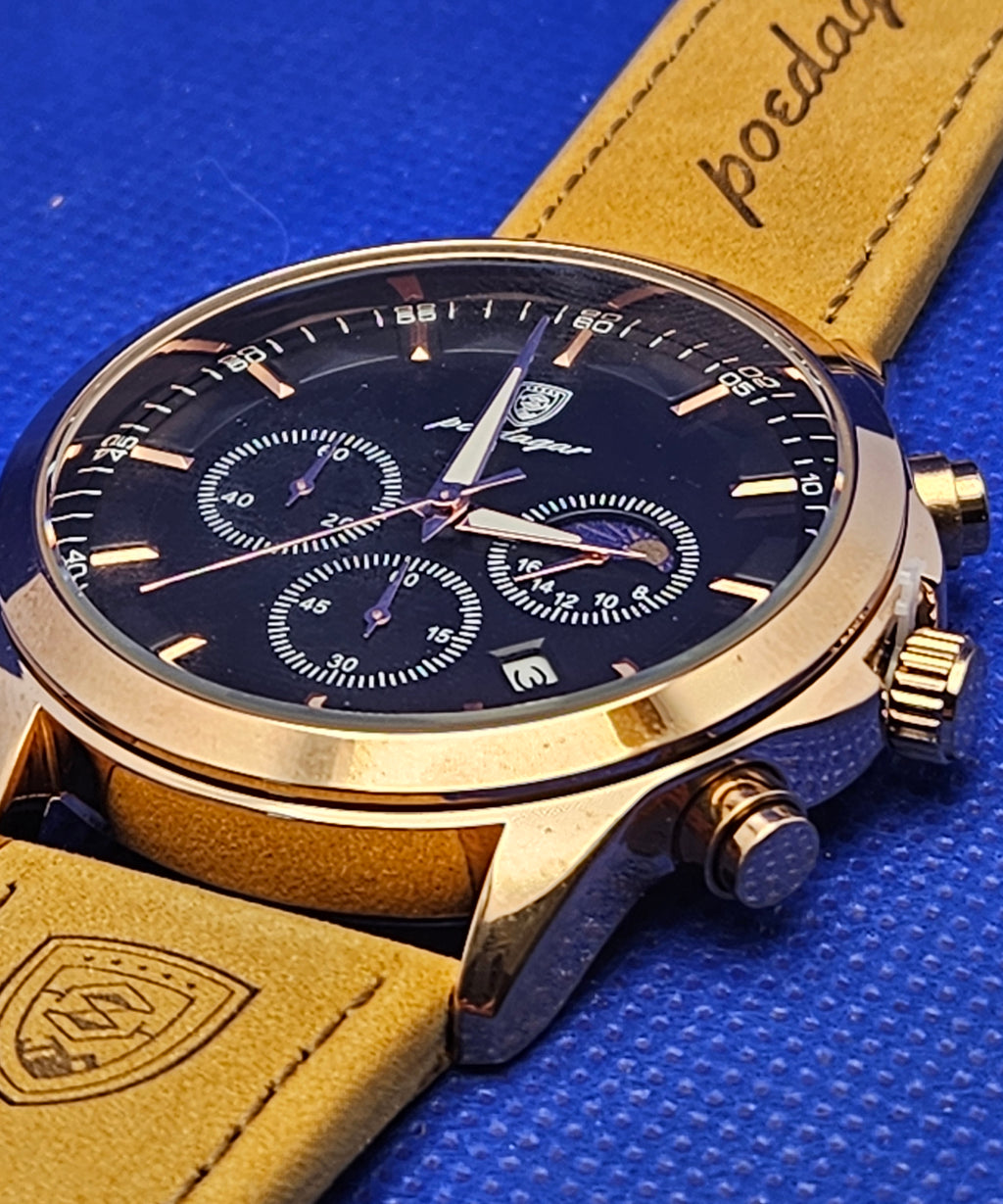 Poedagar Men's Luxury Chronograph Watch | Rose Gold Case & Premium Leather Strap