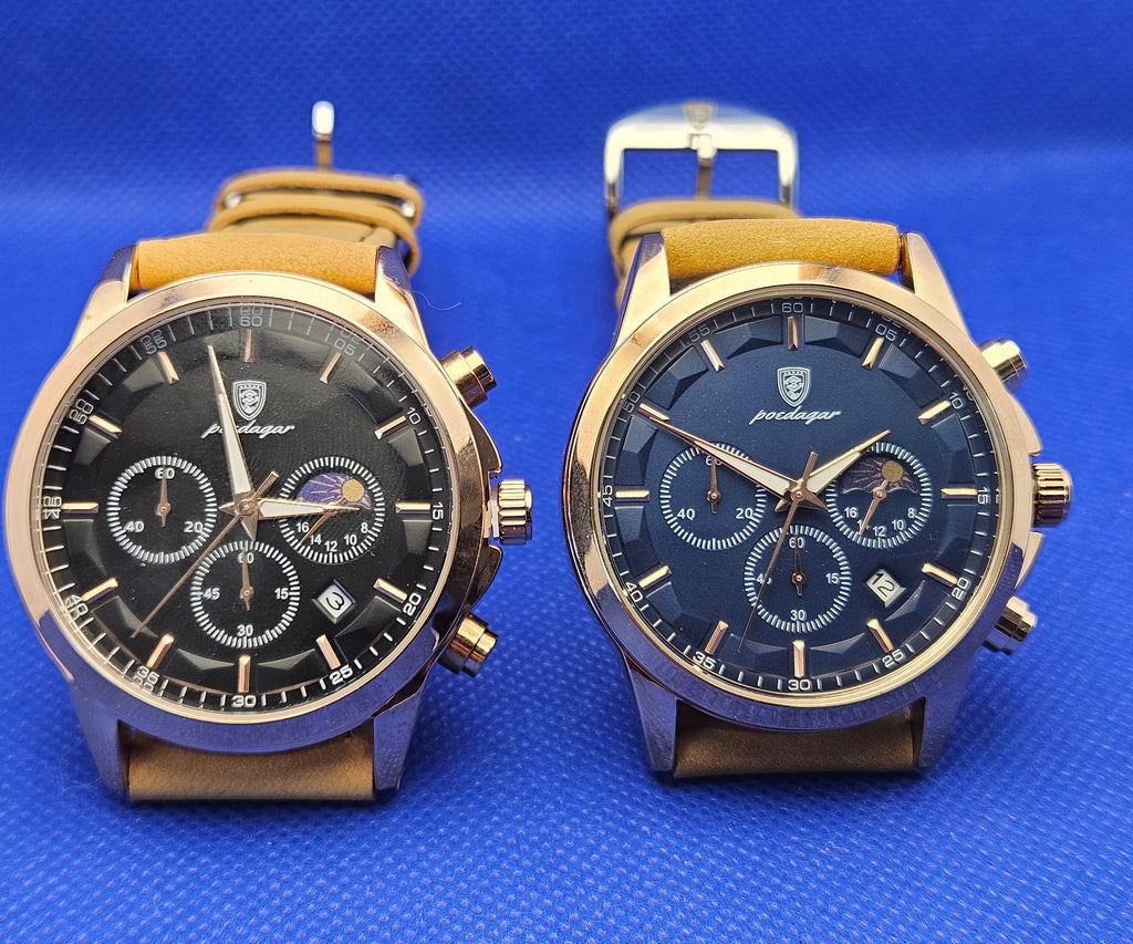 Poedagar Men's Luxury Chronograph Watch | Rose Gold Case & Premium Leather Strap