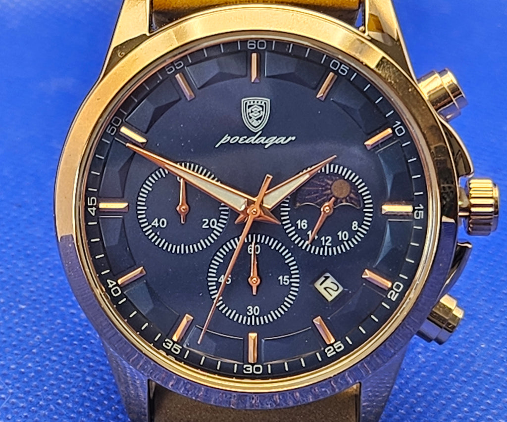 Poedagar Men's Luxury Chronograph Watch | Rose Gold Case & Premium Leather Strap