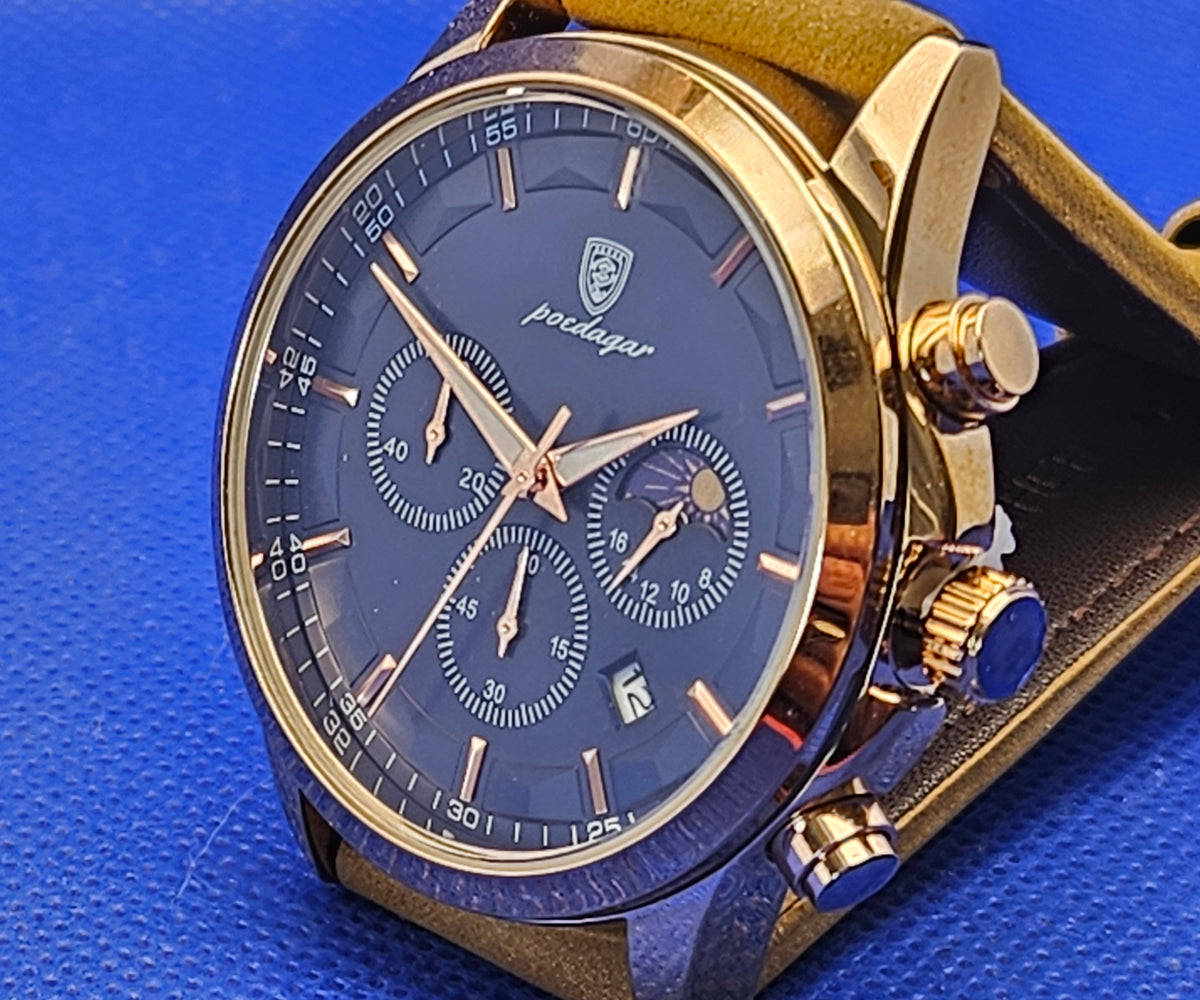 Poedagar Men's Luxury Chronograph Watch | Rose Gold Case & Premium Leather Strap