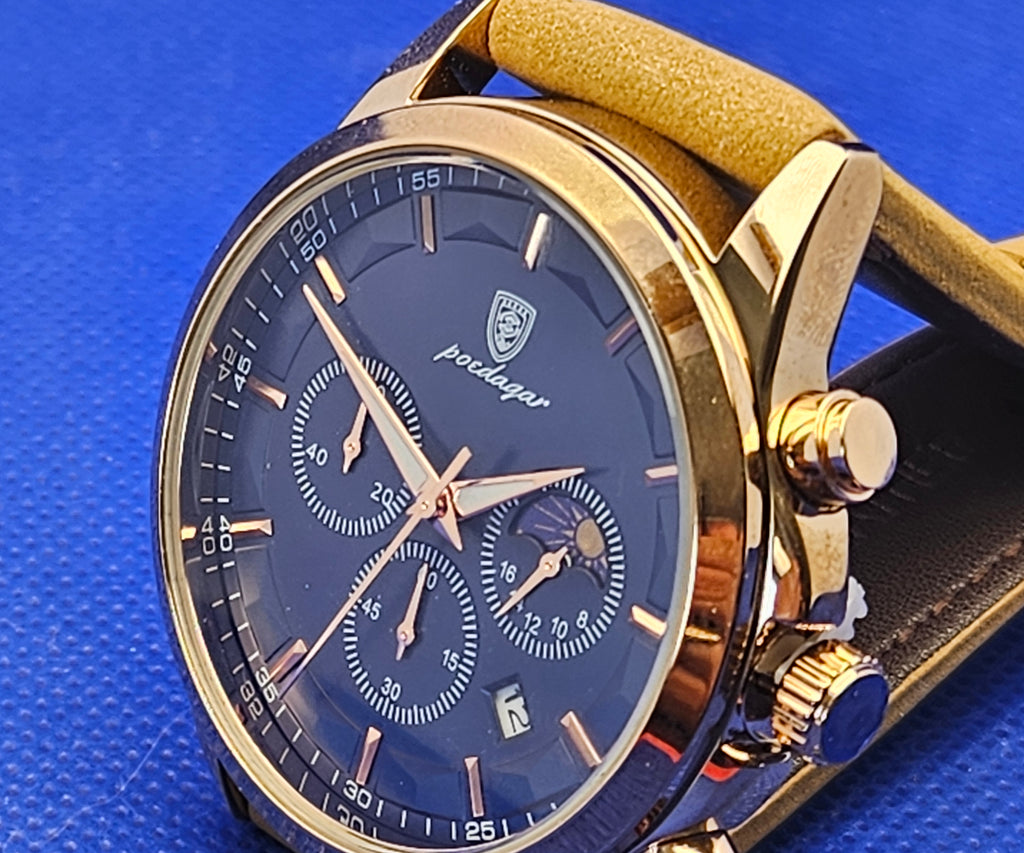 Poedagar Men's Luxury Chronograph Watch | Rose Gold Case & Premium Leather Strap