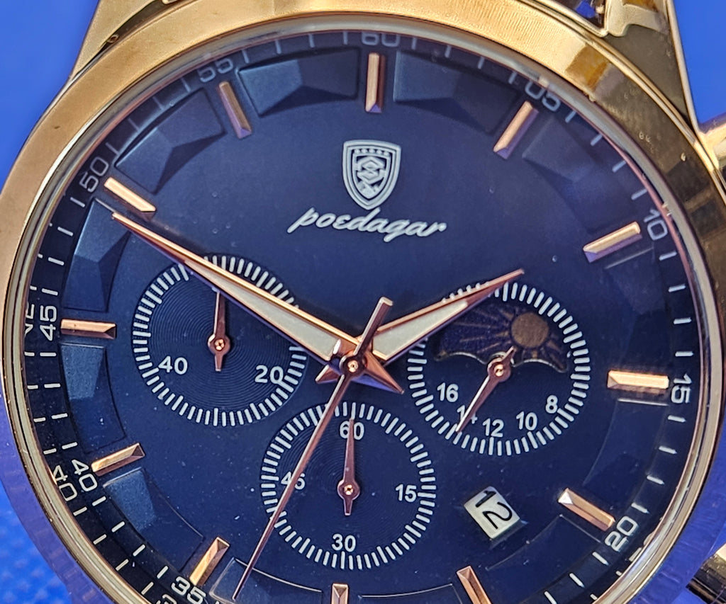 Poedagar Men's Luxury Chronograph Watch | Rose Gold Case & Premium Leather Strap