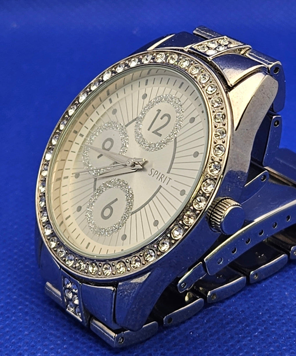 Spirit Ladies Crystal-Set Bezel Quartz Watch — Silver Tone with Glitter Dial