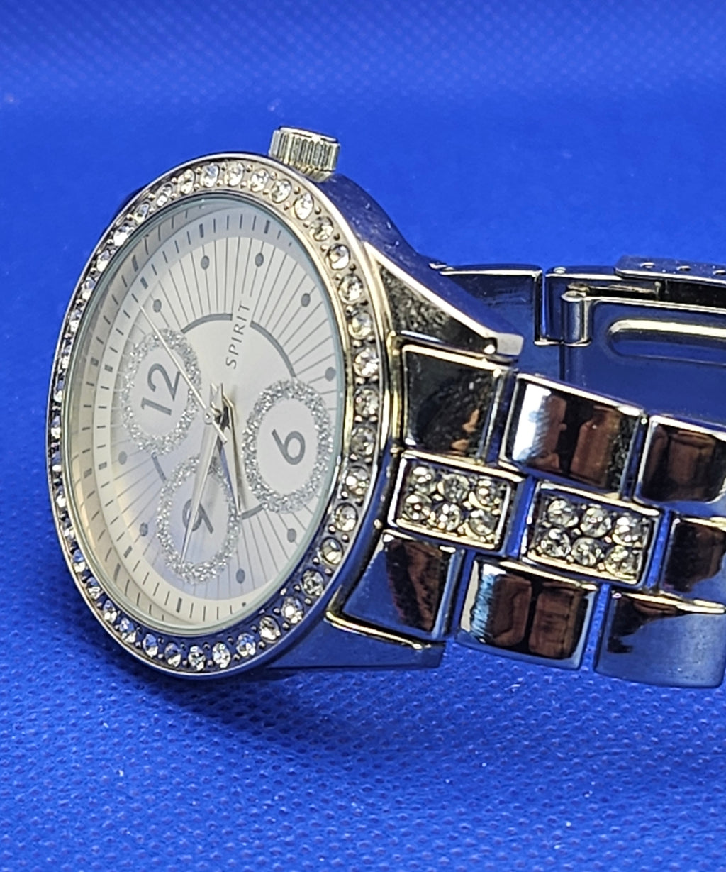 Spirit Ladies Crystal-Set Bezel Quartz Watch — Silver Tone with Glitter Dial