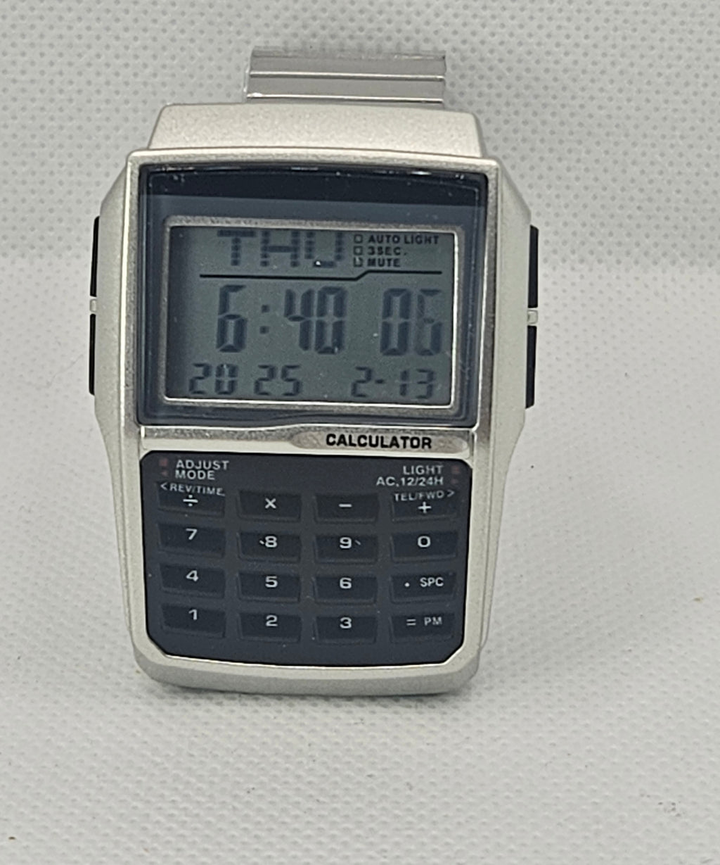 Retro Stainless Steel Digital Calculator Watch – Multifunction Chronograph with Alarm, Stopwatch, Dual Time & LED Backlight