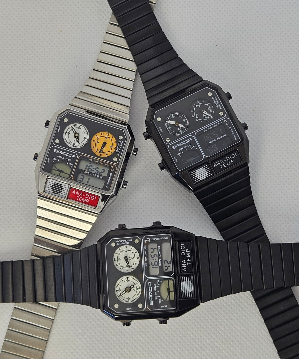 SAMDA Retro Dual-Zone Ana-Digi Temp Watch – Stealth Black Edition
