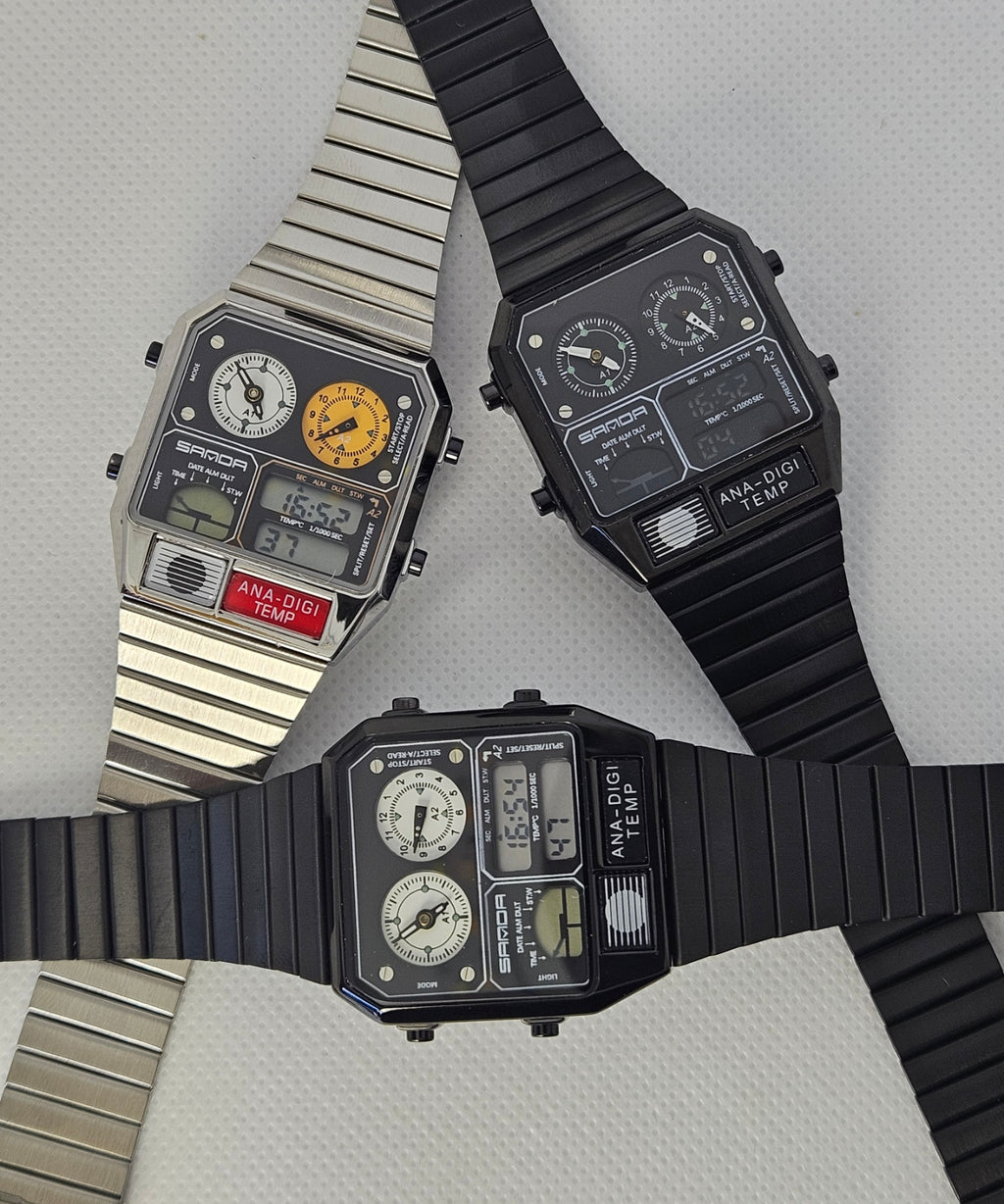 SAMDA Retro Dual-Zone Ana-Digi Temp Watch – Stealth Black Edition