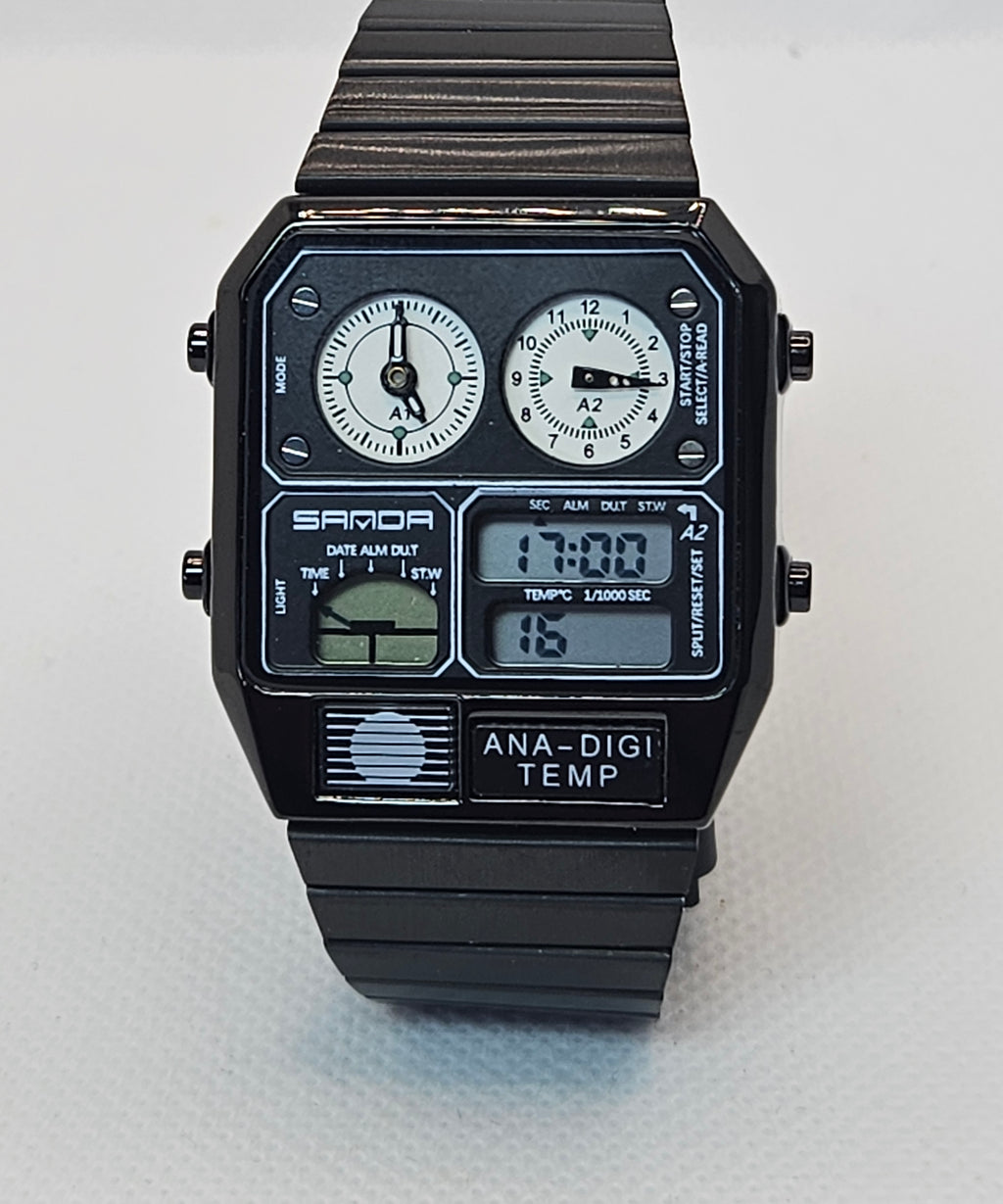 SAMDA Retro Dual-Zone Ana-Digi Temp Watch – Stealth Black Edition