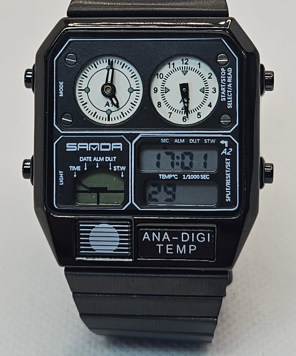 SAMDA Retro Dual-Zone Ana-Digi Temp Watch – Stealth Black Edition