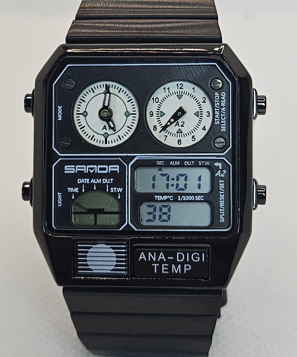 SAMDA Retro Dual-Zone Ana-Digi Temp Watch – Stealth Black Edition