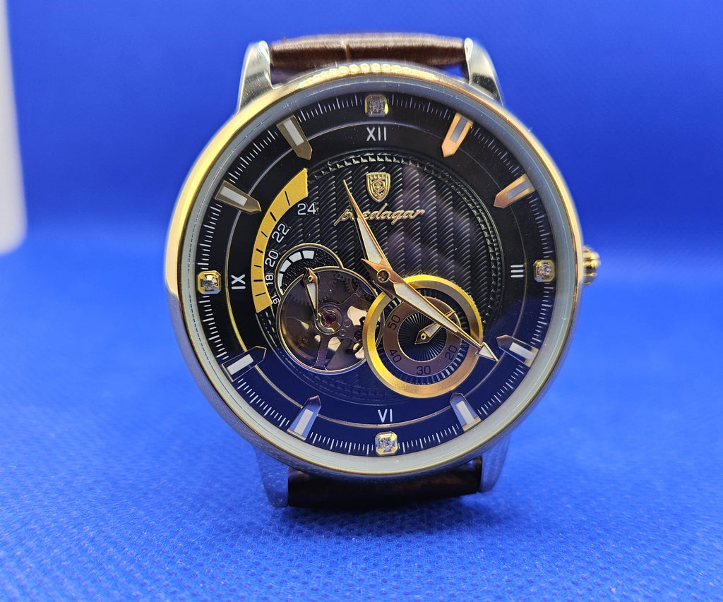 Poedagar Men's Luxury Automatic Mechanical Watch | Skeleton Dial & Brown Leather Strap (Model 1416)