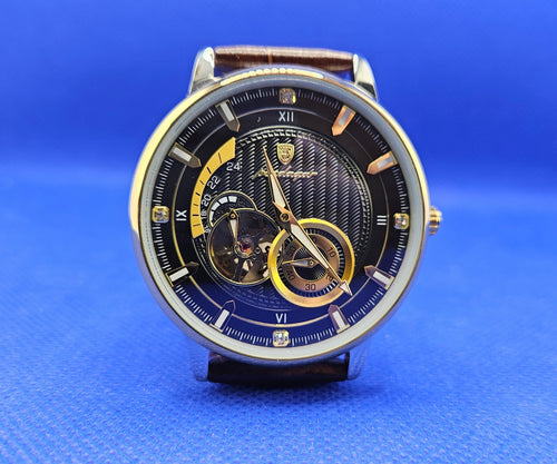 Poedagar Men's Luxury Automatic Mechanical Watch | Skeleton Dial & Brown Leather Strap (Model 1416)