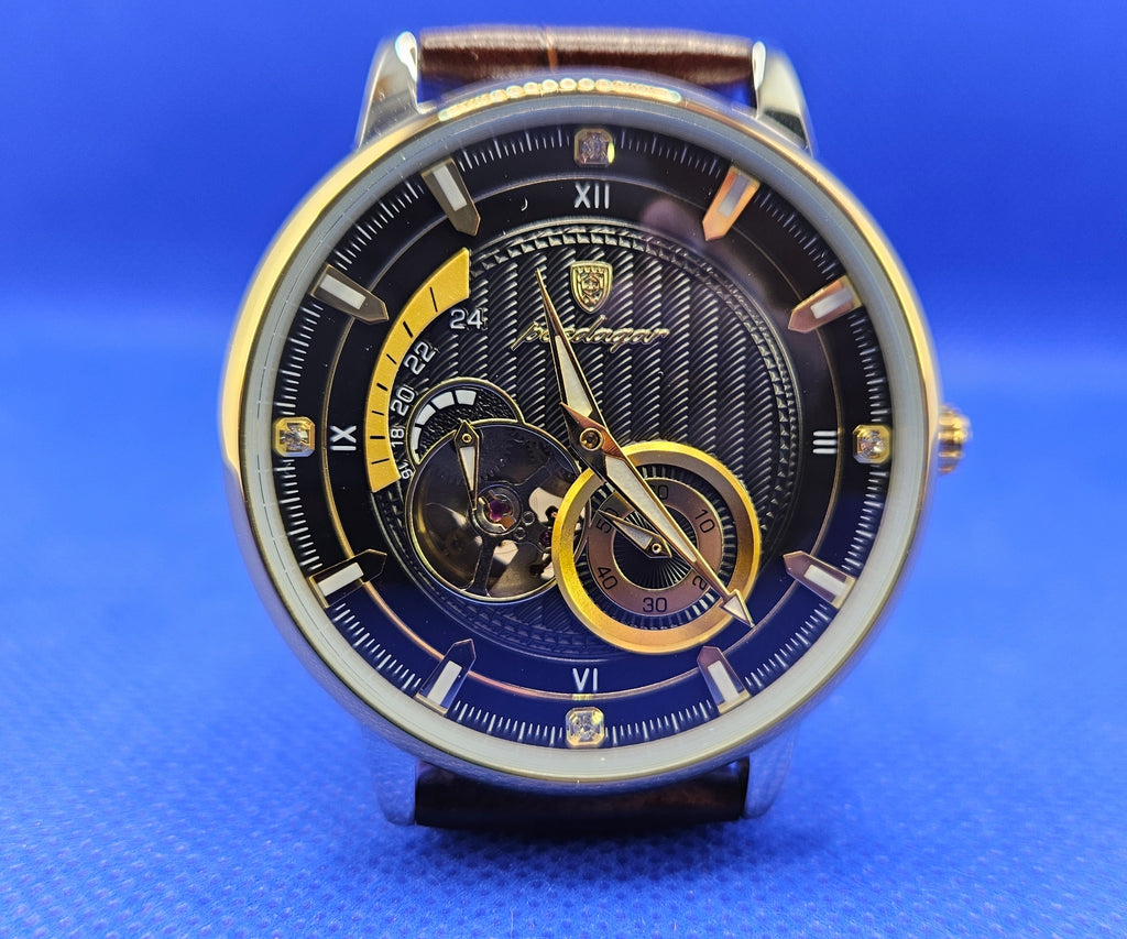 Poedagar Men's Luxury Automatic Mechanical Watch | Skeleton Dial & Brown Leather Strap (Model 1416)