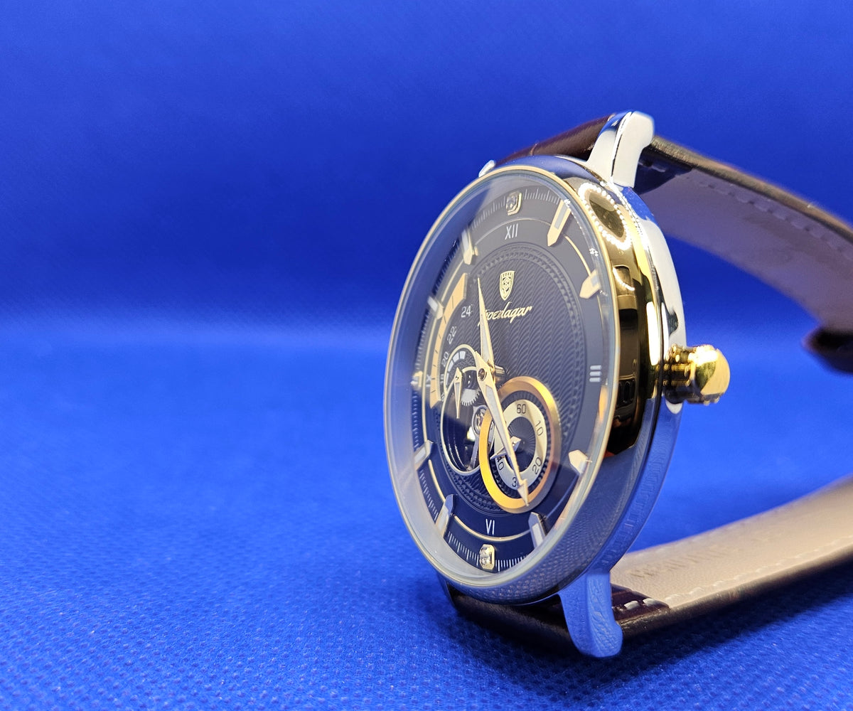 Poedagar Men's Luxury Automatic Mechanical Watch | Skeleton Dial & Brown Leather Strap (Model 1416)