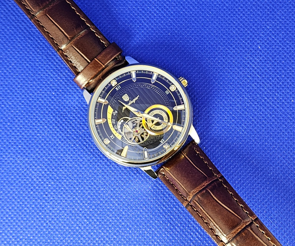Poedagar Men's Luxury Automatic Mechanical Watch | Skeleton Dial & Brown Leather Strap (Model 1416)