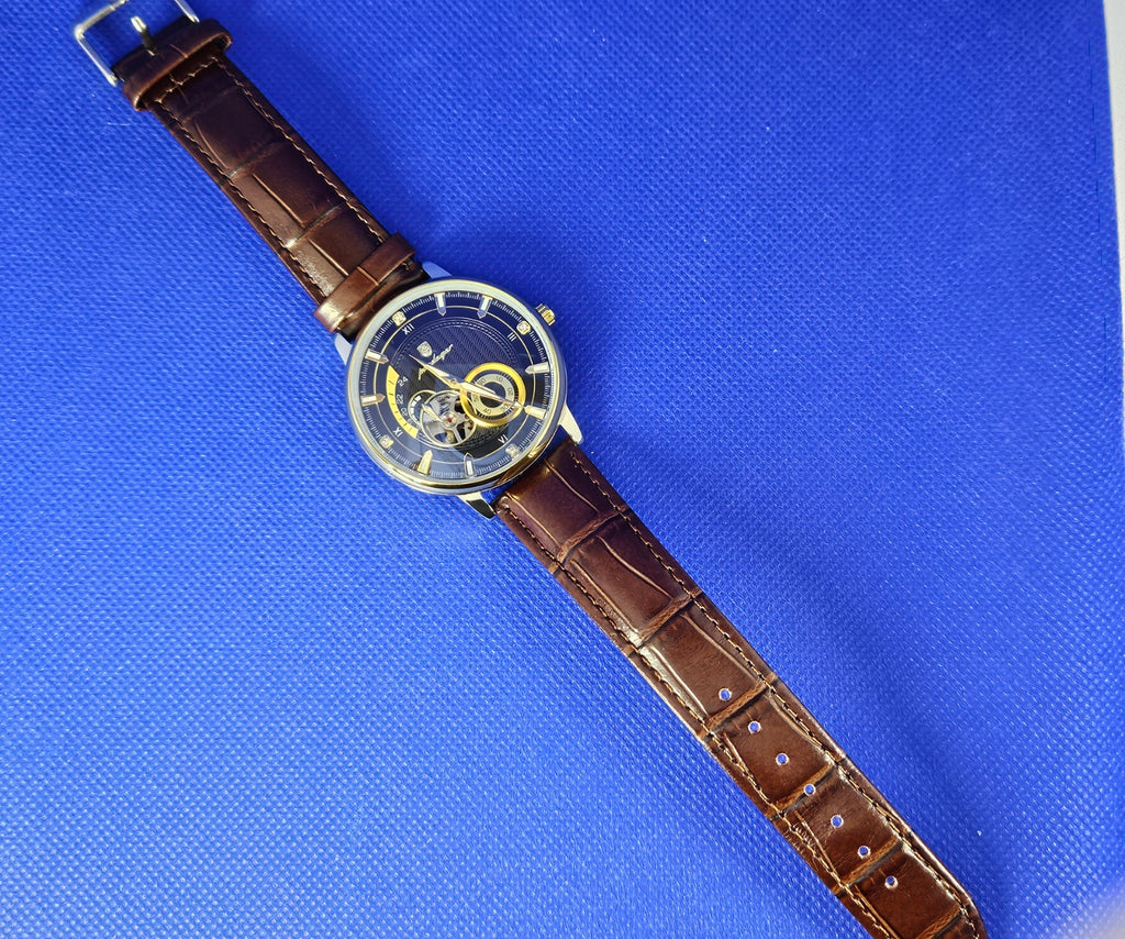 Poedagar Men's Luxury Automatic Mechanical Watch | Skeleton Dial & Brown Leather Strap (Model 1416)