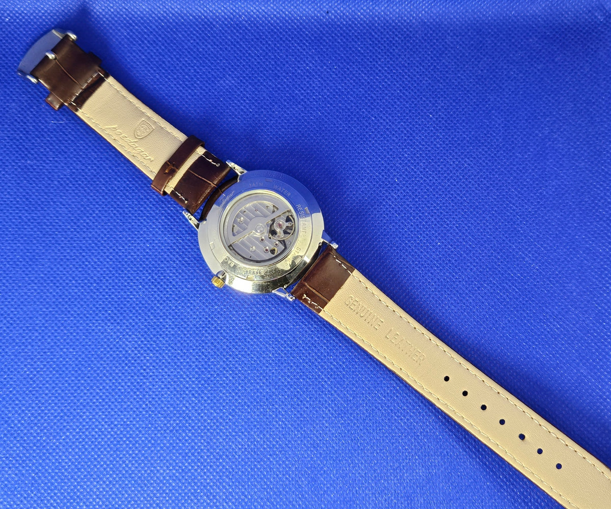 Poedagar Men's Luxury Automatic Mechanical Watch | Skeleton Dial & Brown Leather Strap (Model 1416)