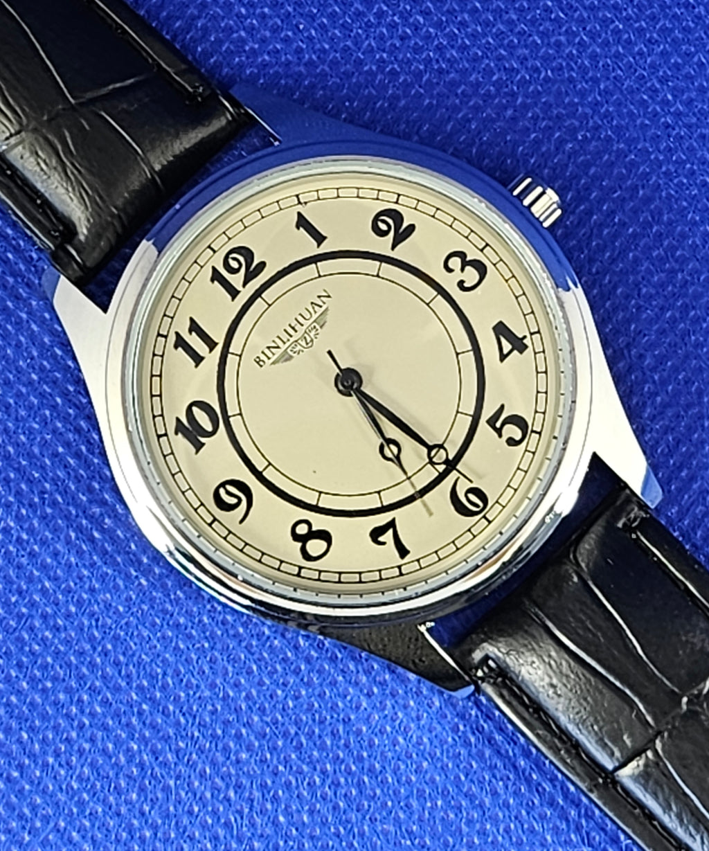 Vintage Art Deco Mens Watch | Classic Cream Dial & Leather Strap