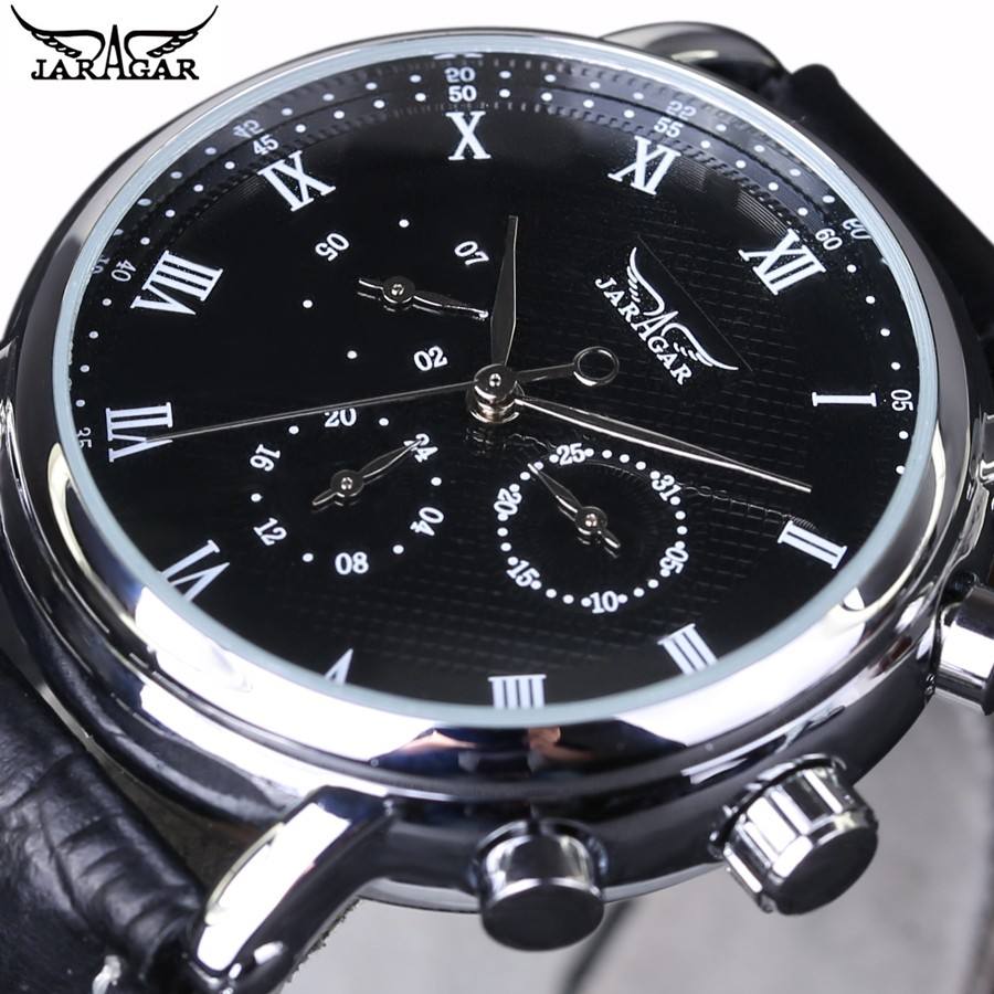 Jaragar Sport Mens Watch Black Dial Roman Numerals New Designer Style Wristwatch