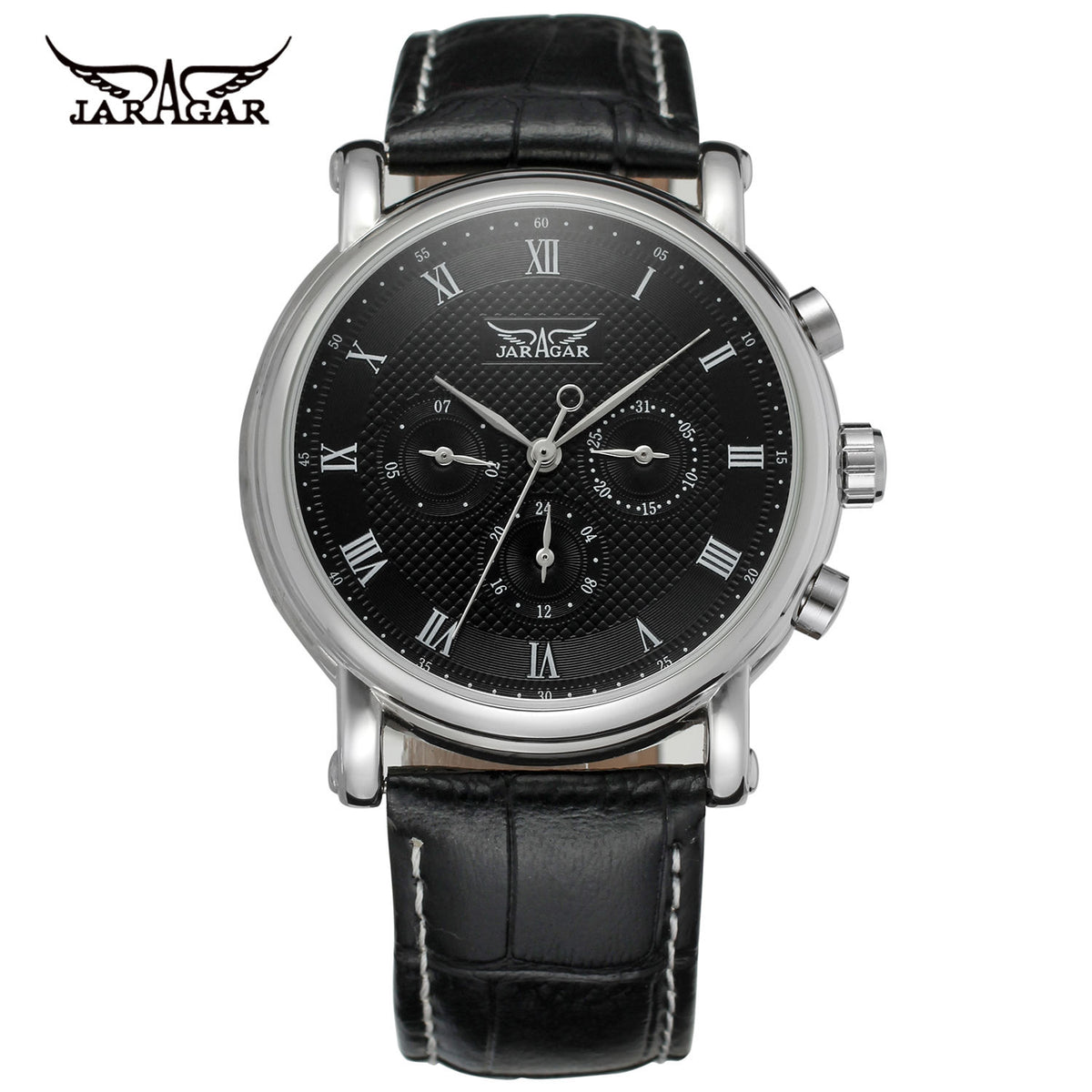 Jaragar Sport Mens Watch Black Dial Roman Numerals New Designer Style Wristwatch