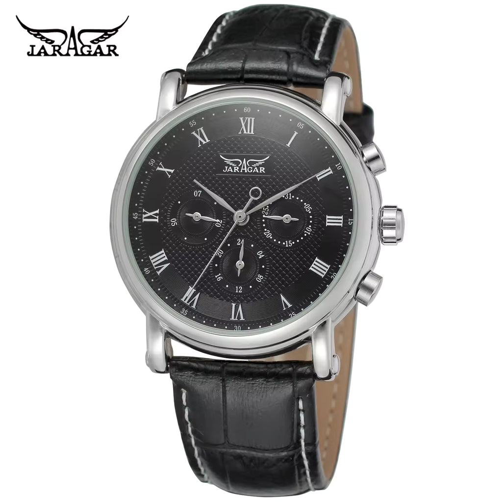 Jaragar Sport Mens Watch Black Dial Roman Numerals New Designer Style Wristwatch