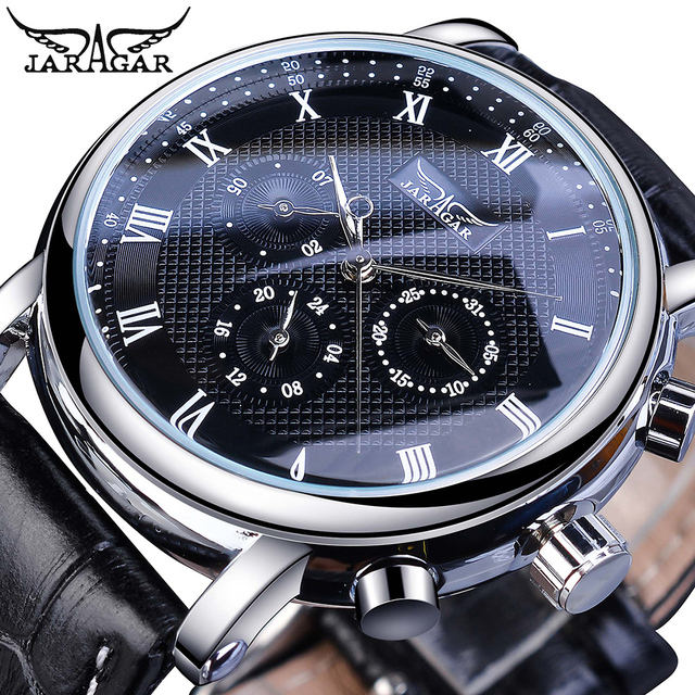 Jaragar Sport Mens Watch Black Dial Roman Numerals New Designer Style Wristwatch