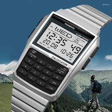 Retro Stainless Steel Digital Calculator Watch – Multifunction Chronograph with Alarm, Stopwatch, Dual Time & LED Backlight