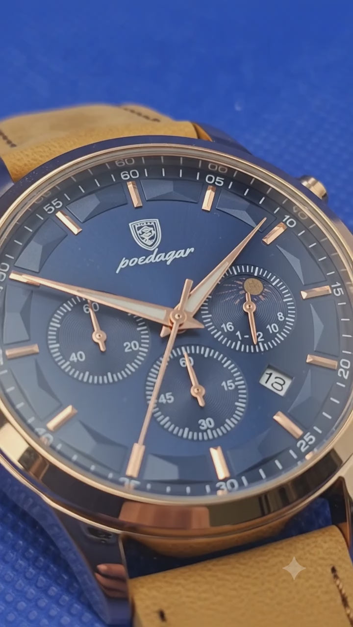 Poedagar Men's Luxury Chronograph Watch | Rose Gold Case & Premium Leather Strap